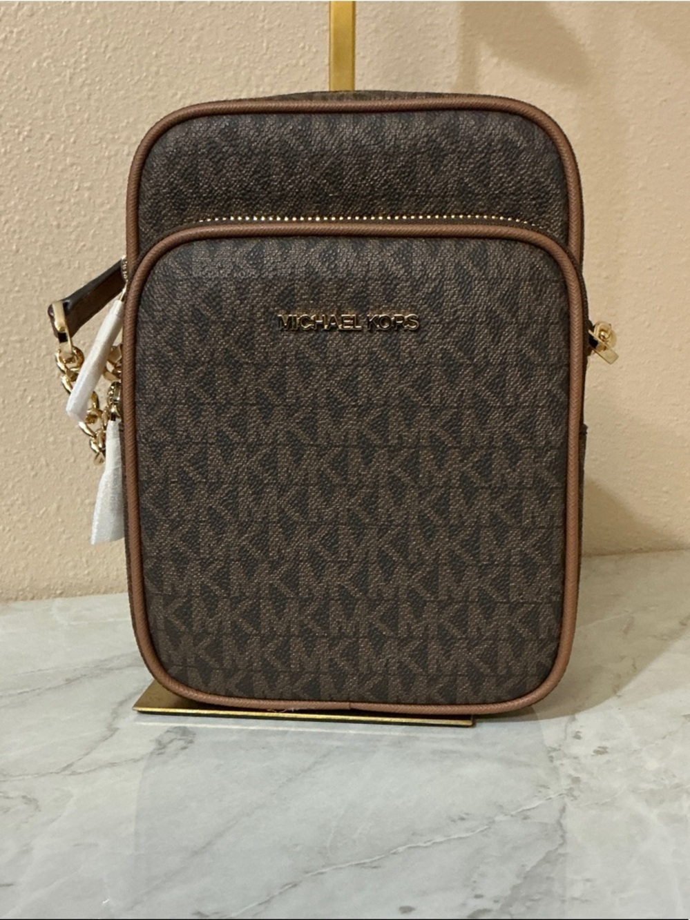 Michael Kors Jet Set Travel Medium Logo Crossbody Bag Brown Signature Print.